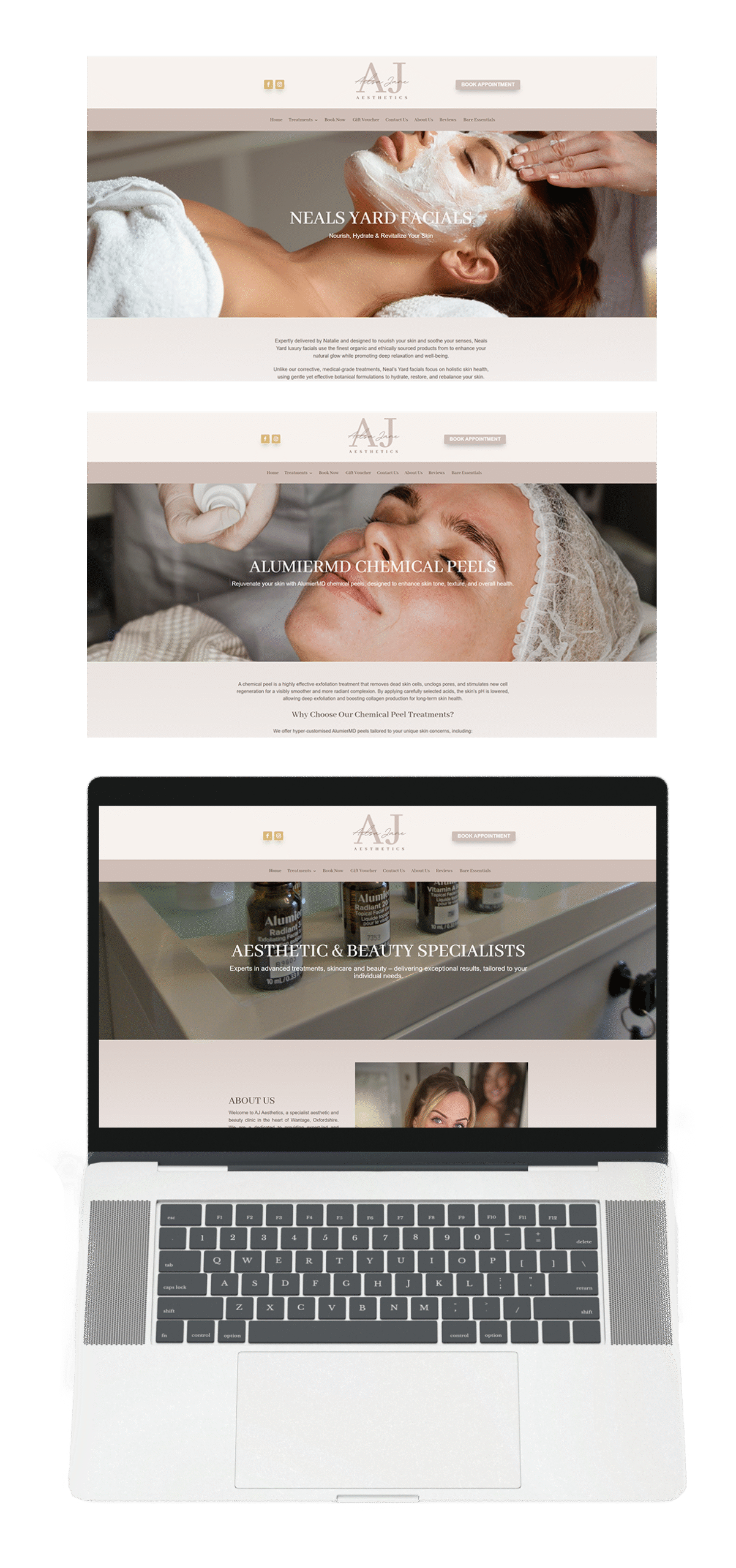 Untitled-2 AJ Aesthetics Website - Clean layout with aesthetic branding and service sections. Beauty Web Design for aesthetic practitioner.