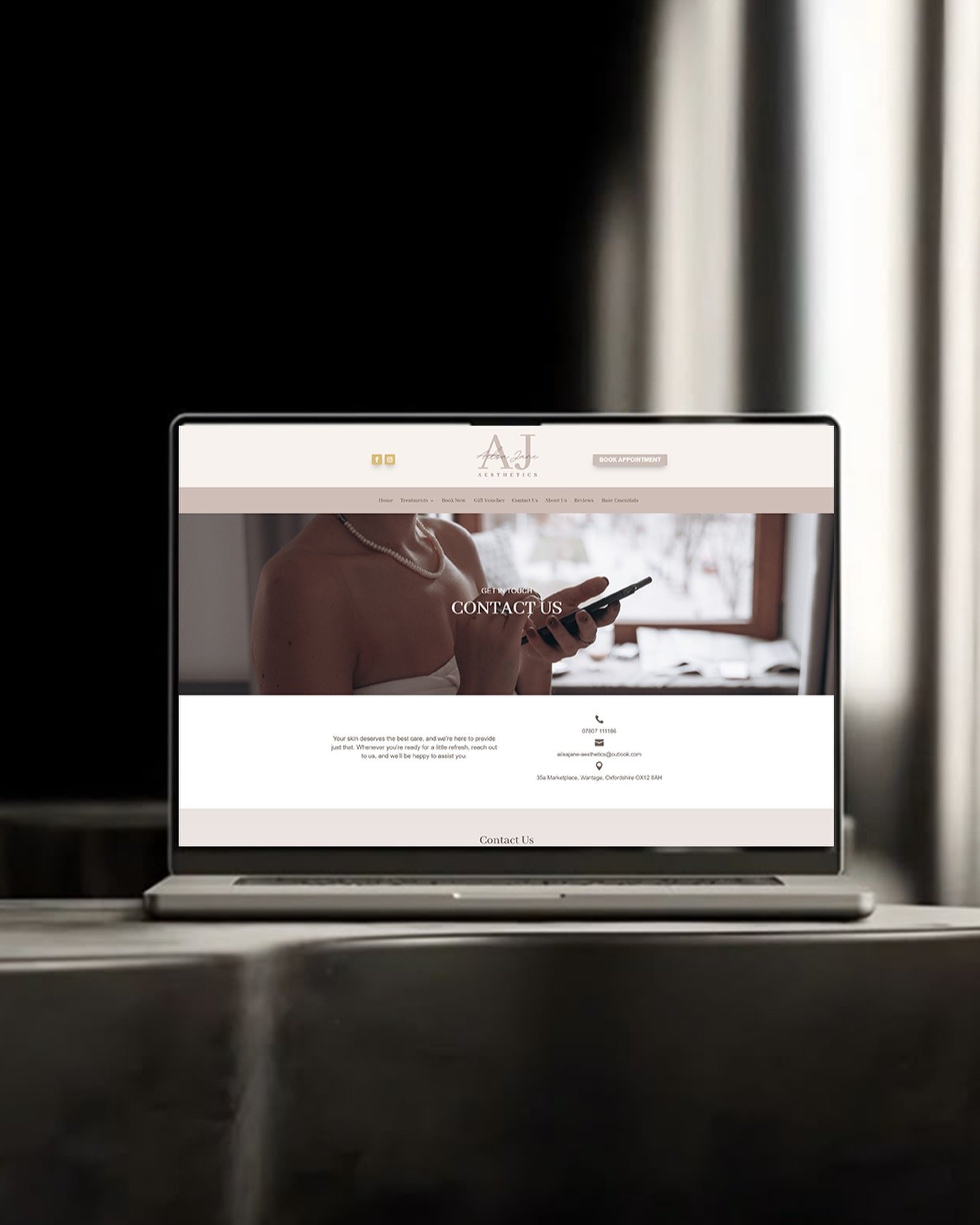 AJ Aesthetics Website - Clean layout with aesthetic branding and service sections. Beauty Web Design for aesthetic practitioner.
