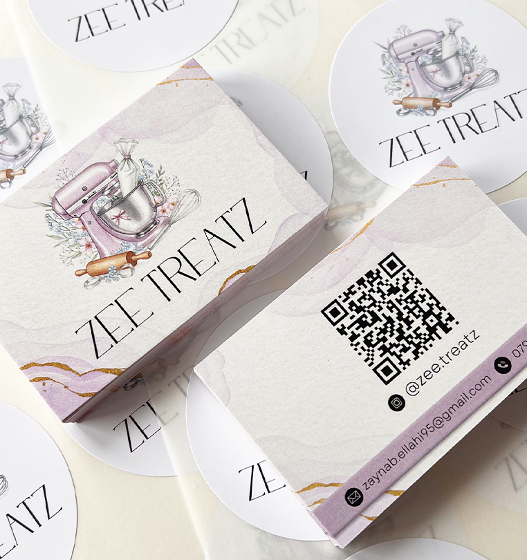 Bespoke bakery logo stickers and business cards designed and printed
